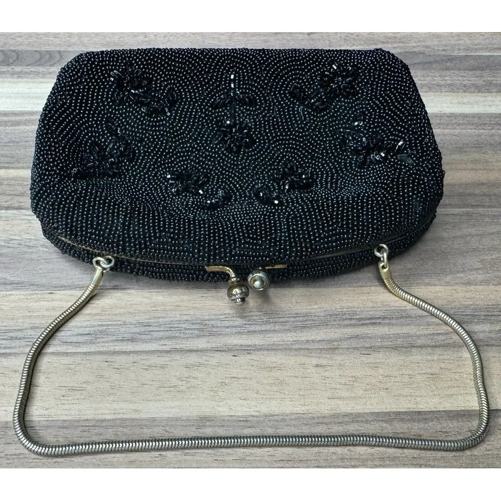 Flower Beaded Pattern Vintage Kiss Clasp Black Clutch Purse With‎ Hand Strap